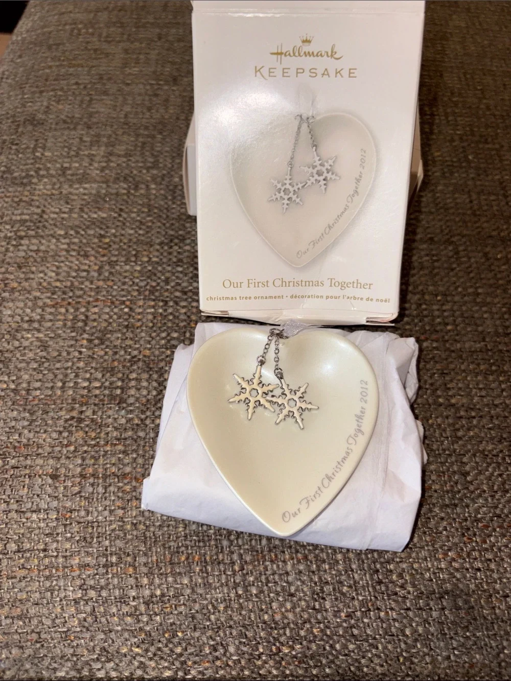 Retired 2012 Hallmark Ivory Porcelain Heart Ornament with Silver Snowflakes